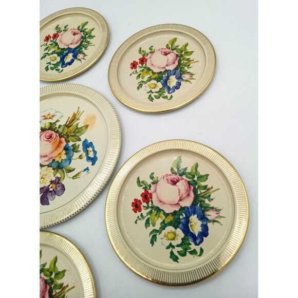 Tin Coasters Vintage Made In Denmark Round Floral Set Of 7 With Gold Trim - Picture 6 of 16